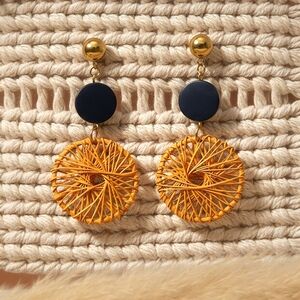 Boho Chic Handwoven Spiral Navy Wood Gold Dangle Earrings Handmade Jewelry